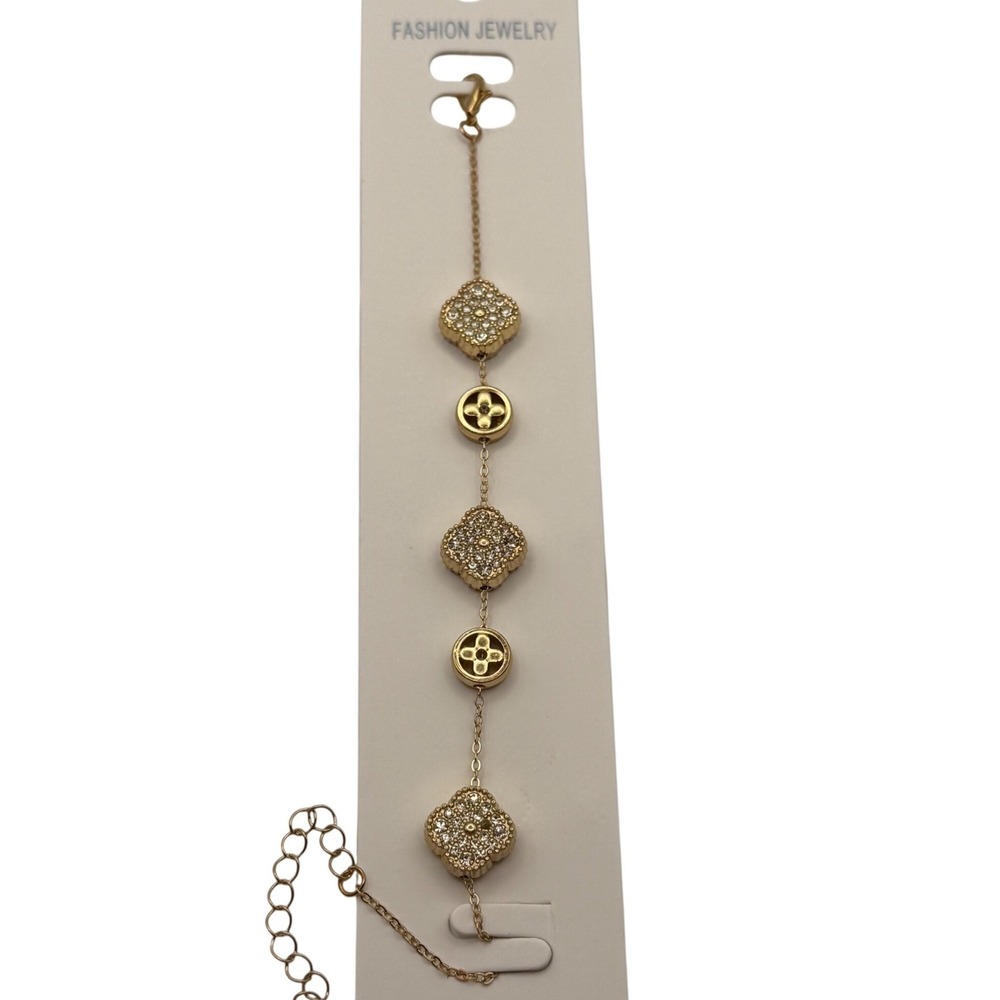 Fashion Jewelry Gold Tone Clover Charm Bracelet Rhinestone‎ Accent Adjustable
